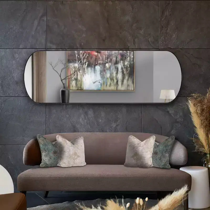 Specchio da Parete a Capsula con Cornice in Acciaio Inox 42"x14" – Nero Spazzolato