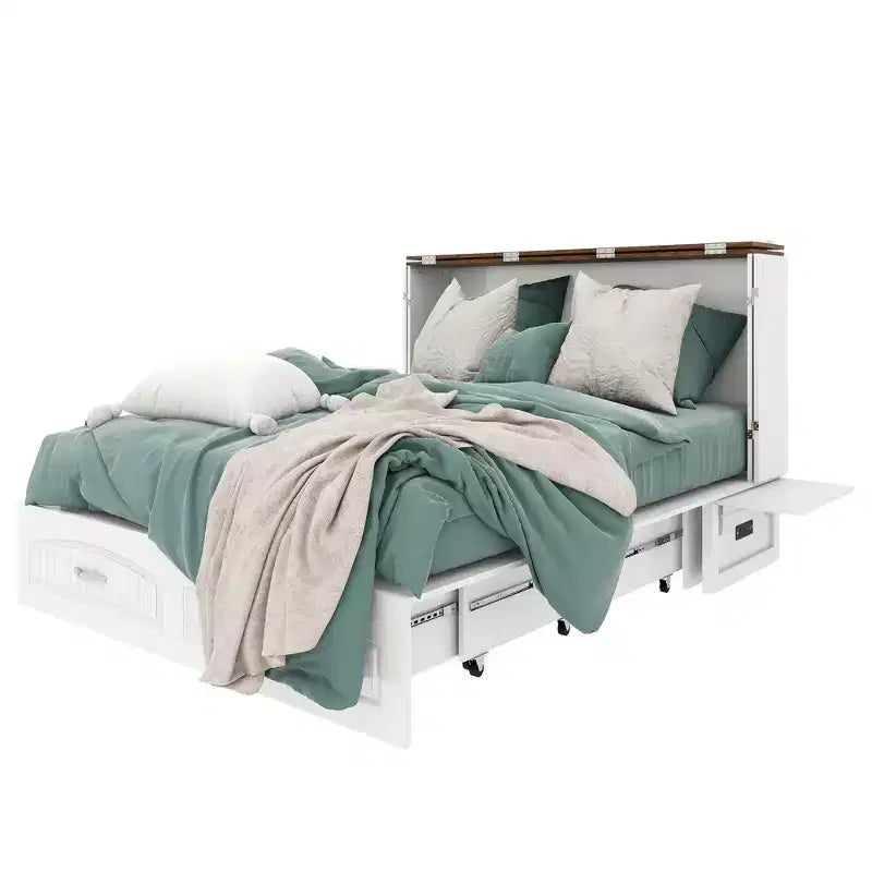 Letto a scomparsa matrimoniale in MDF bianco con stazione di ricarica e cassetti portaoggetti