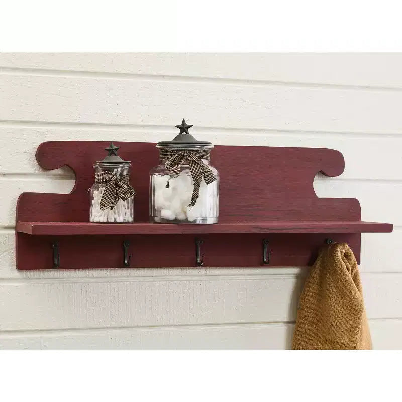 Scaffale rustico in legno rosso da parete con 5 ganci in metallo