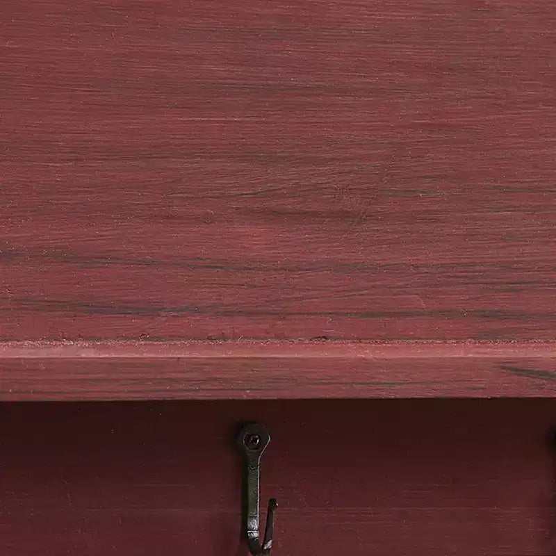Scaffale rustico in legno rosso da parete con 5 ganci in metallo