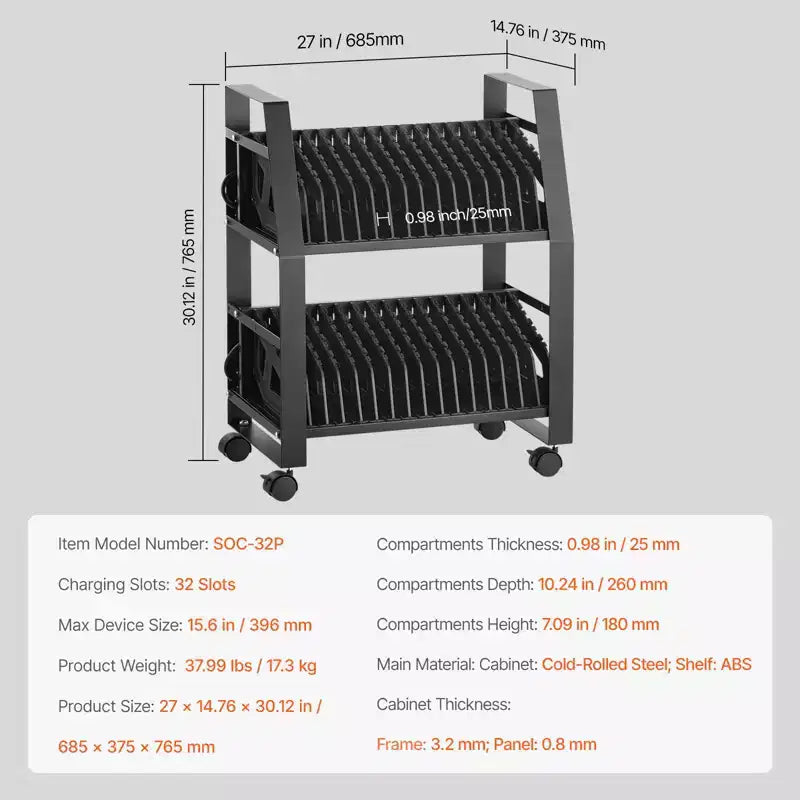 Carrello di ricarica mobile per laptop a 32 alloggiamenti per dispositivi fino a 15,6 pollici