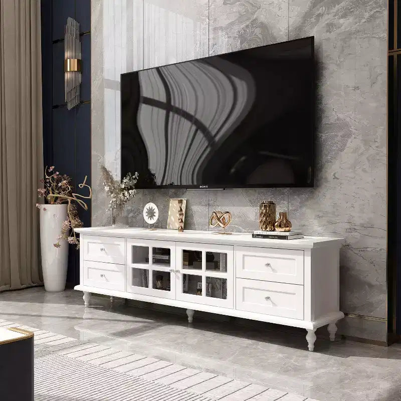 Famapy Media Console with Glass Doors Drawer Storage for Living Room TV Stand