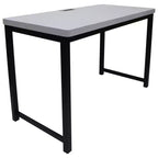 Scrivania da ufficio con piano grigio chiaro e struttura in metallo nero, altezza 76 cm