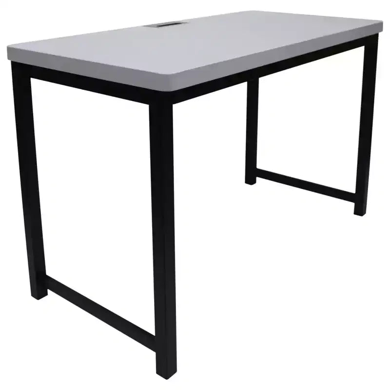 Scrivania da ufficio con piano grigio chiaro e struttura in metallo nero, altezza 76 cm