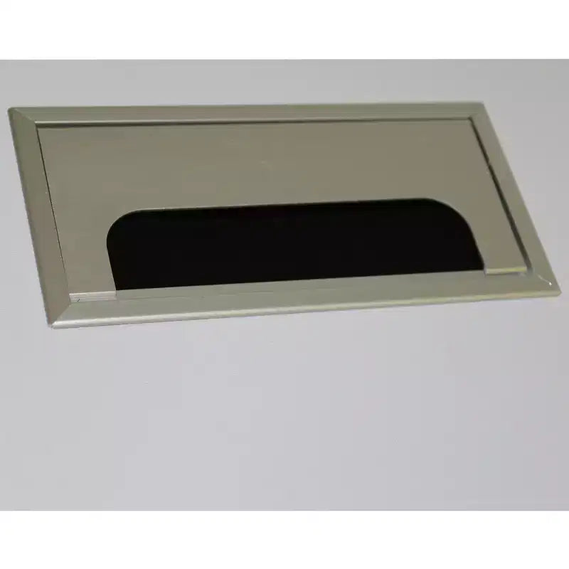 Scrivania da ufficio con piano grigio chiaro e struttura in metallo nero, altezza 76 cm