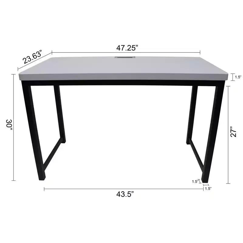 Scrivania da ufficio con piano grigio chiaro e struttura in metallo nero, altezza 76 cm