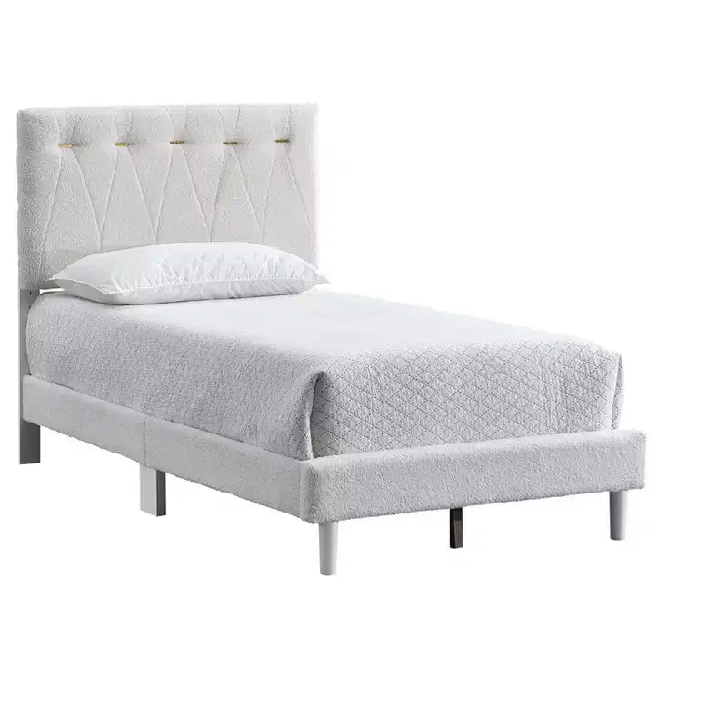 Letto imbottito color grano con piattaforma e doghe in legno