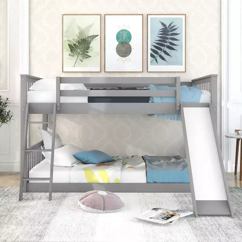 Okak 79.1IN Full-Over-Full Bunk Bed with Convertible Slide, Kids Bunk Beds with Guardrail and Ladder, Bed Frames for Kids Room, Play Room, Gray