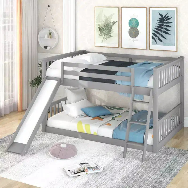 Letto a castello completo con scivolo convertibile, sponda di sicurezza e scaletta - Grigio