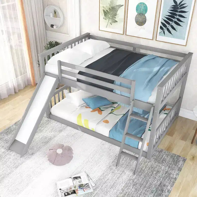 Letto a castello completo con scivolo convertibile, sponda di sicurezza e scaletta - Grigio