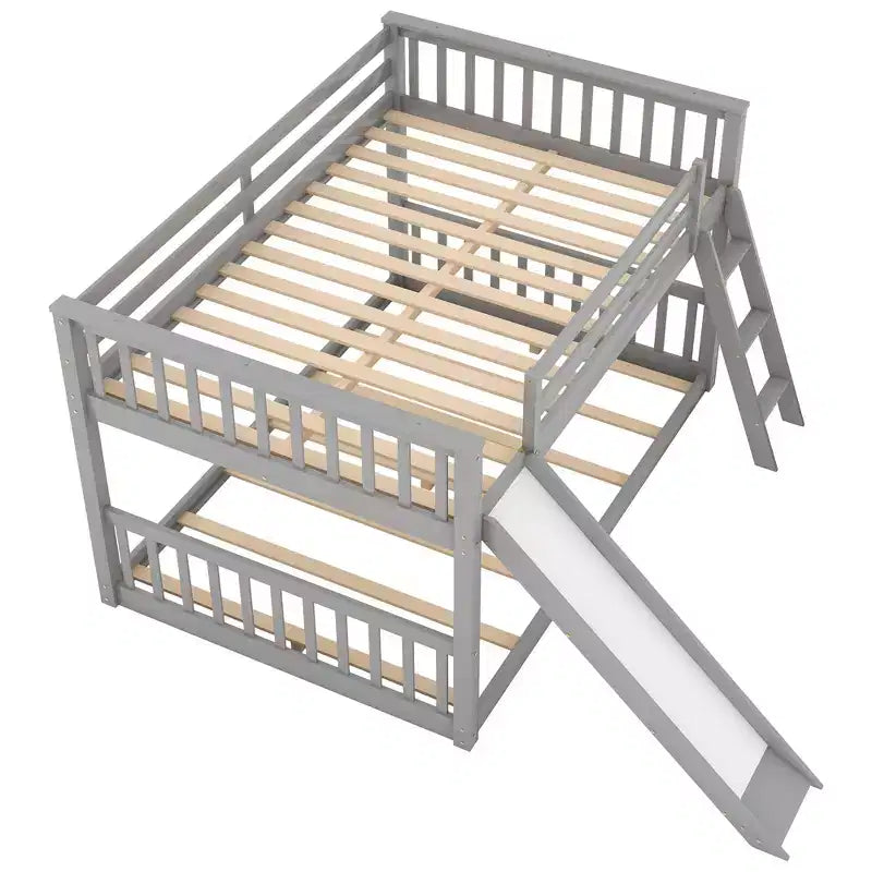 Letto a castello completo con scivolo convertibile, sponda di sicurezza e scaletta - Grigio