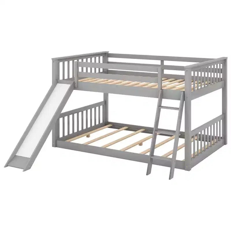 Letto a castello completo con scivolo convertibile, sponda di sicurezza e scaletta - Grigio