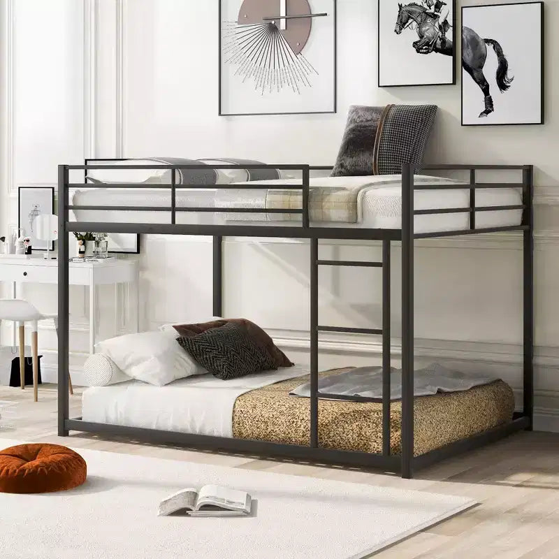 Letto a Castello in Metallo Completo con Scaletta e Ringhiera di Sicurezza, Nero