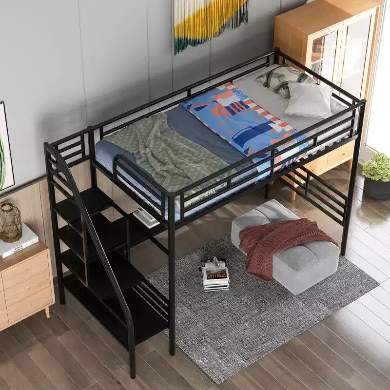 Letto a soppalco singolo in metallo con scrivania e scaletta integrata, nero