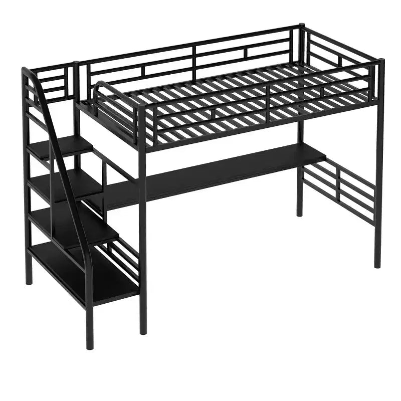 Letto a soppalco singolo in metallo con scrivania e scaletta integrata, nero