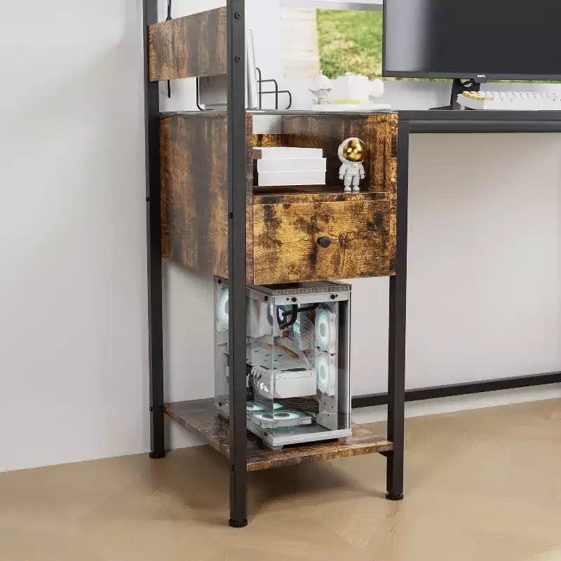 Scrivania per Computer da 122 cm con Struttura in Metallo, Ripiani Portaoggetti e Cassetto