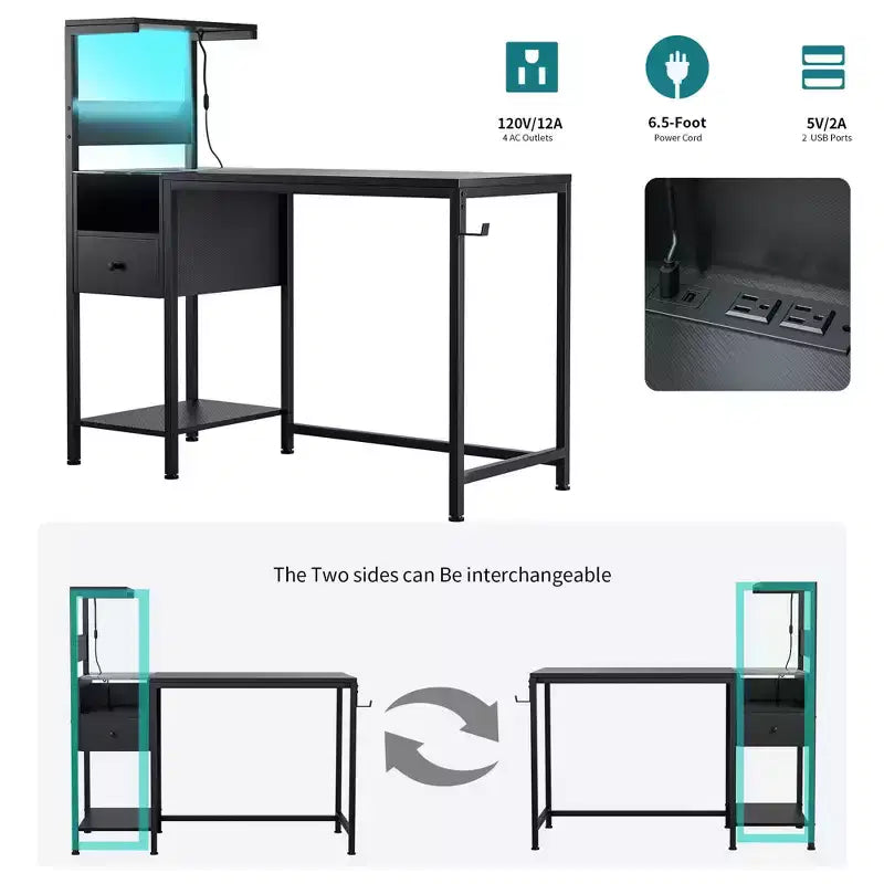 Scrivania per Computer da 122 cm con Struttura in Metallo, Ripiani Portaoggetti e Cassetto