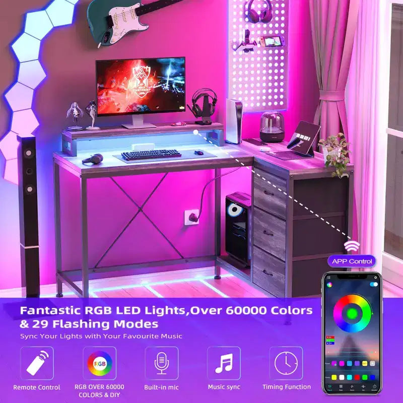 Scrivania angolare a L (120 cm) con luci LED, prese di corrente, porte USB e 3 cassetti
