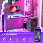 Scrivania angolare a L (120 cm) con luci LED, prese di corrente, porte USB e 3 cassetti