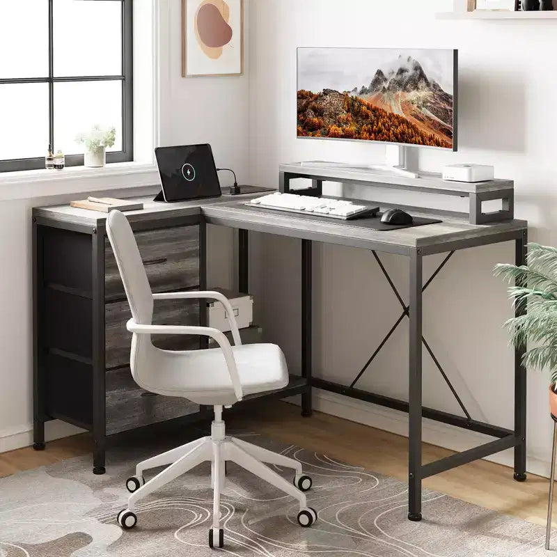 Scrivania angolare a L (120 cm) con luci LED, prese di corrente, porte USB e 3 cassetti