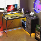 Scrivania angolare a L (120 cm) con luci LED, prese di corrente, porte USB e 3 cassetti