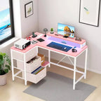 Scrivania angolare a L (120 cm) con luci LED, prese di corrente, porte USB e 3 cassetti