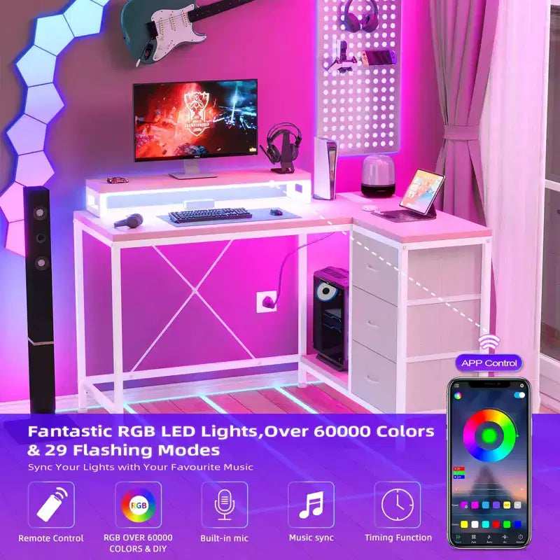 Scrivania angolare a L (120 cm) con luci LED, prese di corrente, porte USB e 3 cassetti