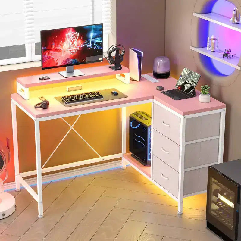Scrivania angolare a L (120 cm) con luci LED, prese di corrente, porte USB e 3 cassetti