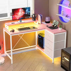 Scrivania angolare a L (120 cm) con luci LED, prese di corrente, porte USB e 3 cassetti