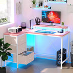 Scrivania angolare a L (120 cm) con luci LED, prese di corrente, porte USB e 3 cassetti