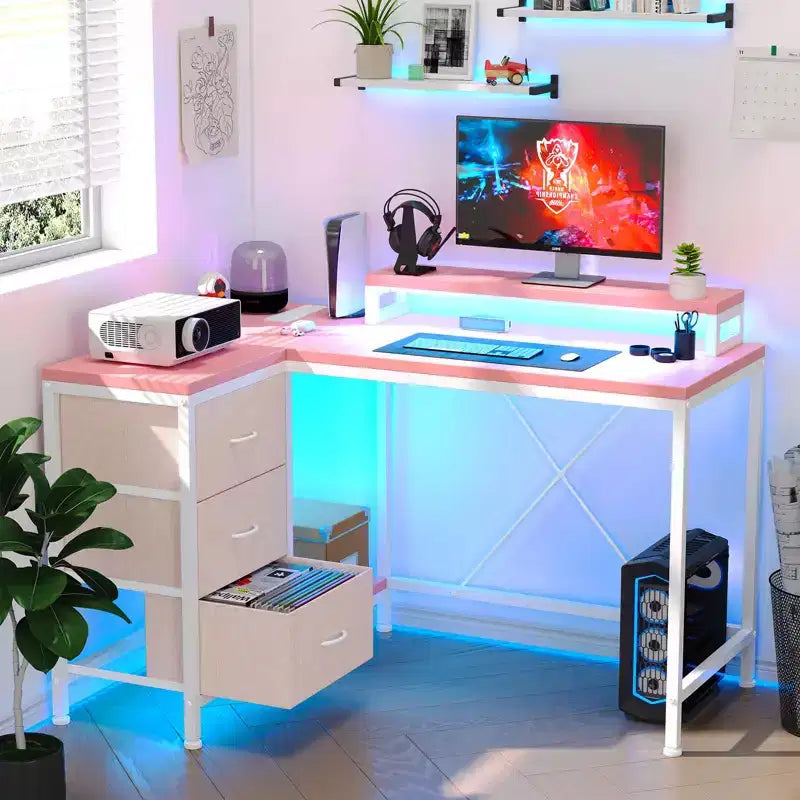 Scrivania angolare a L (120 cm) con luci LED, prese di corrente, porte USB e 3 cassetti