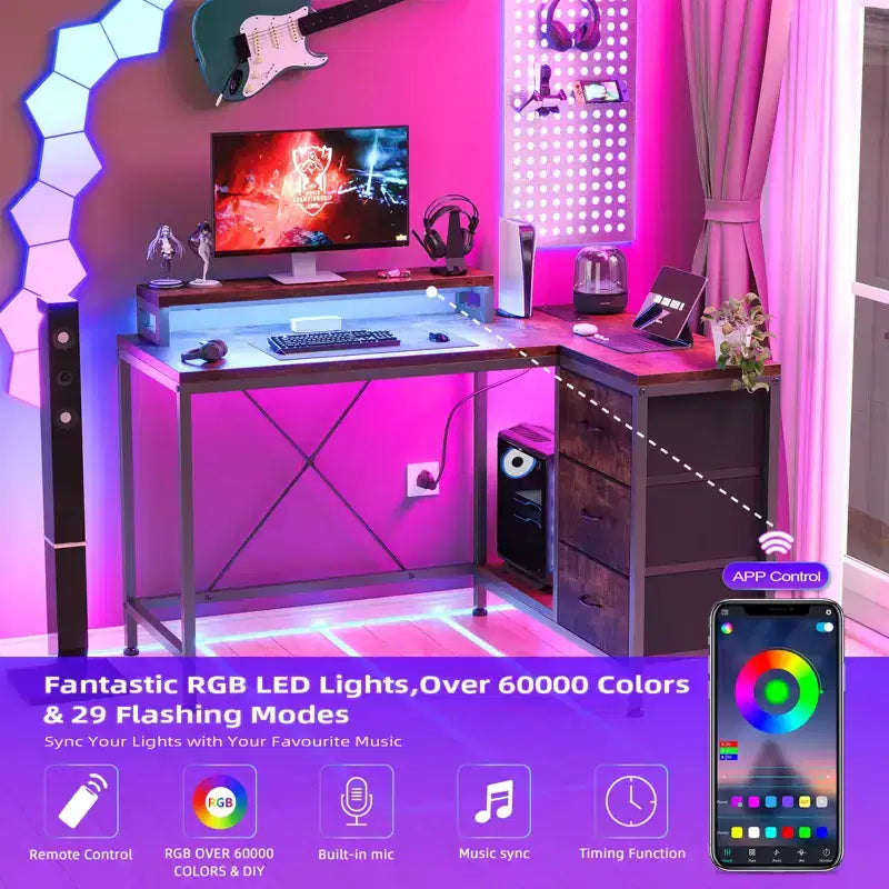 Scrivania angolare a L (120 cm) con luci LED, prese di corrente, porte USB e 3 cassetti