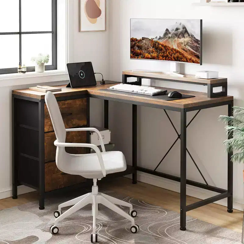 Scrivania angolare a L (120 cm) con luci LED, prese di corrente, porte USB e 3 cassetti