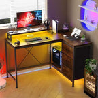 Scrivania angolare a L (120 cm) con luci LED, prese di corrente, porte USB e 3 cassetti