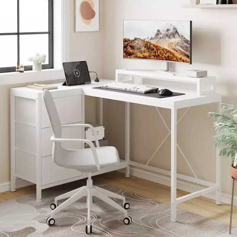 Scrivania angolare a L (120 cm) con luci LED, prese di corrente, porte USB e 3 cassetti