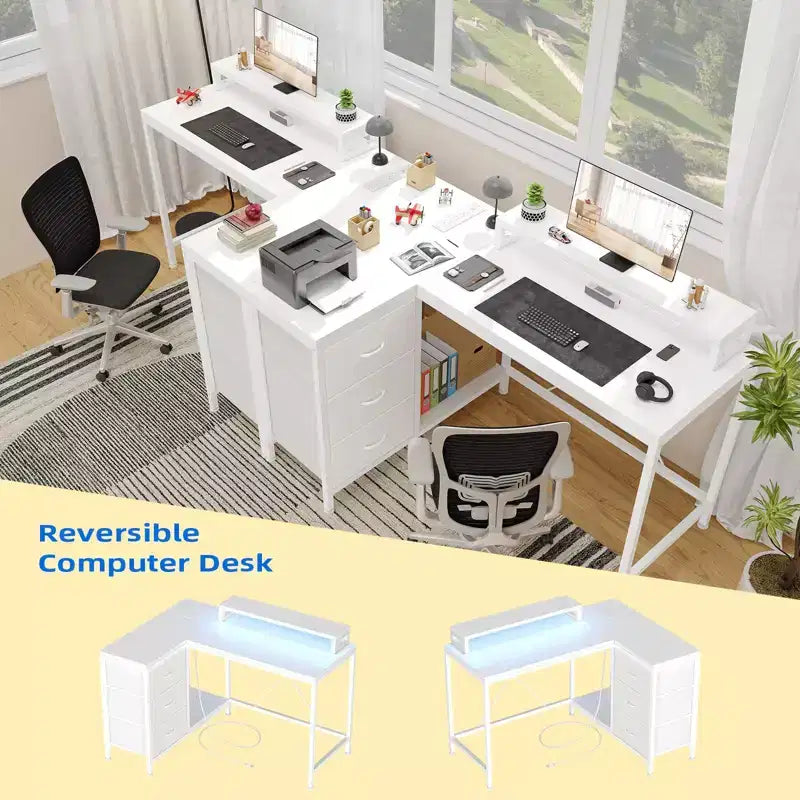 Scrivania angolare a L (120 cm) con luci LED, prese di corrente, porte USB e 3 cassetti