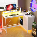 Scrivania angolare a L (120 cm) con luci LED, prese di corrente, porte USB e 3 cassetti
