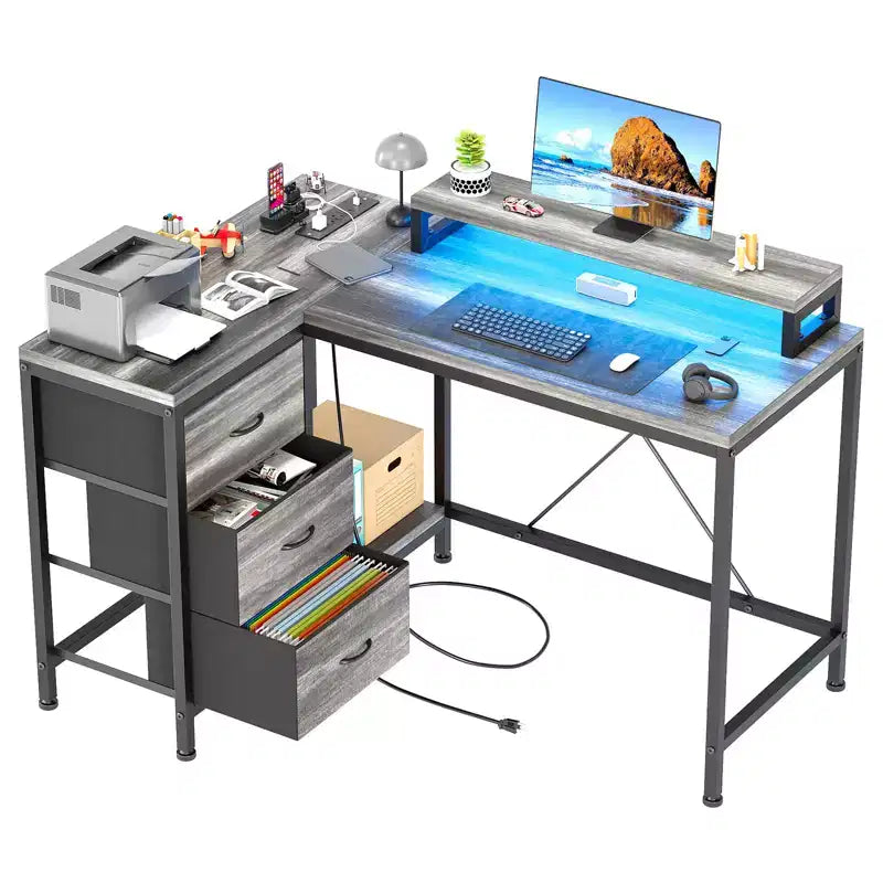 Scrivania angolare a L (120 cm) con luci LED, prese di corrente, porte USB e 3 cassetti