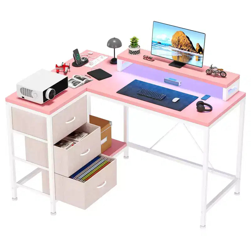 Scrivania angolare a L (120 cm) con luci LED, prese di corrente, porte USB e 3 cassetti