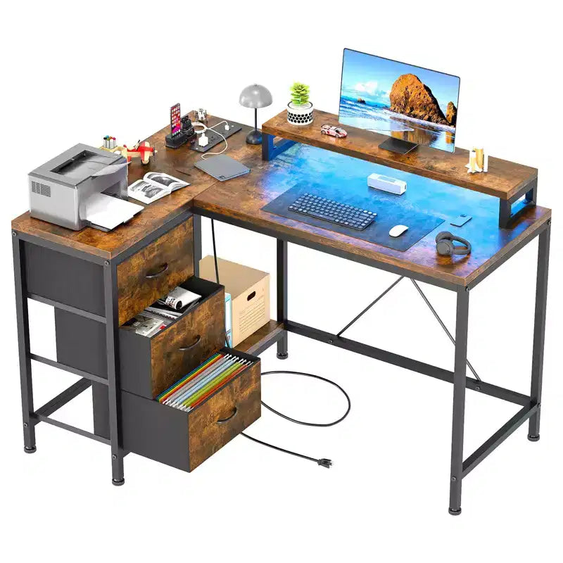Scrivania angolare a L (120 cm) con luci LED, prese di corrente, porte USB e 3 cassetti