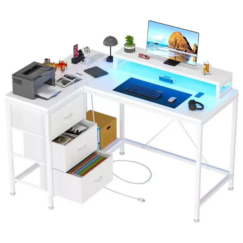 Scrivania angolare a L (120 cm) con luci LED, prese di corrente, porte USB e 3 cassetti