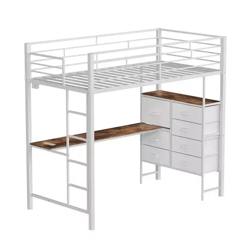 Letto a soppalco singolo con scrivania, 7 cassetti e luce LED