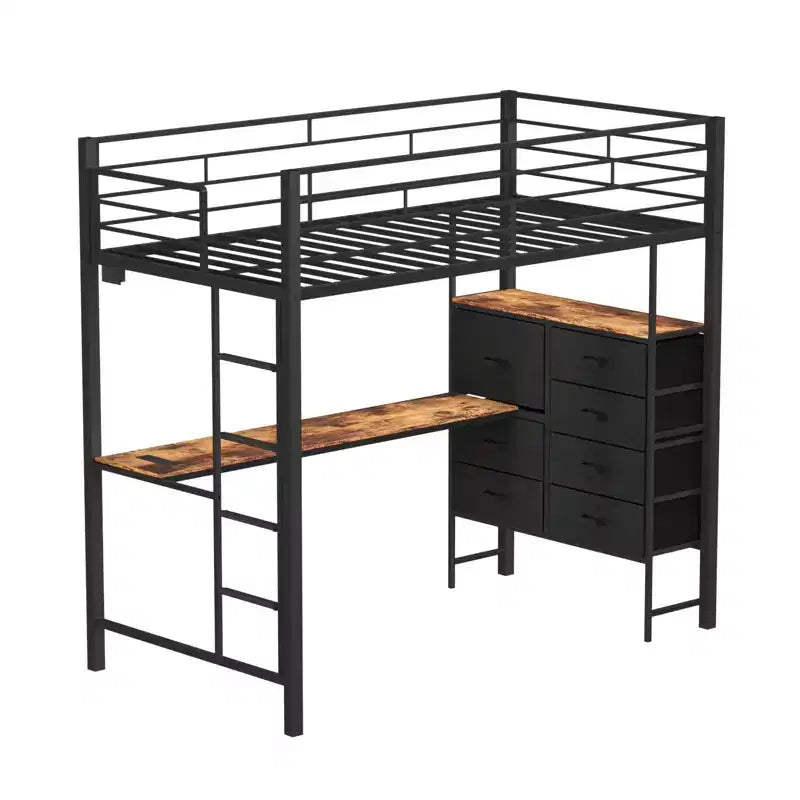 Letto a soppalco singolo con scrivania, 7 cassetti e luce LED