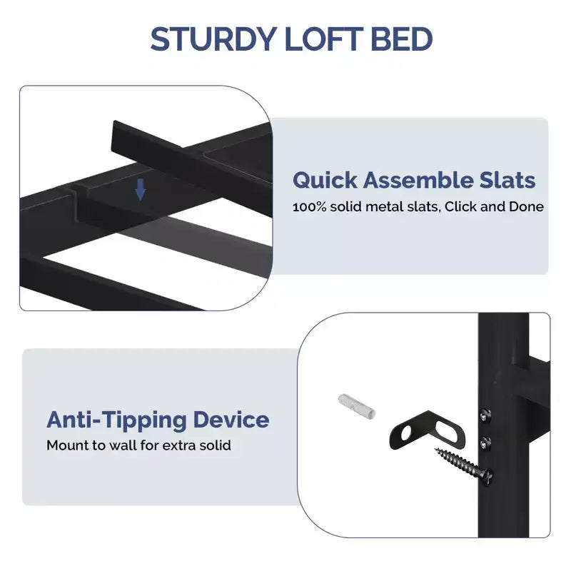 Letto a soppalco singolo con scrivania, 7 cassetti e luce LED