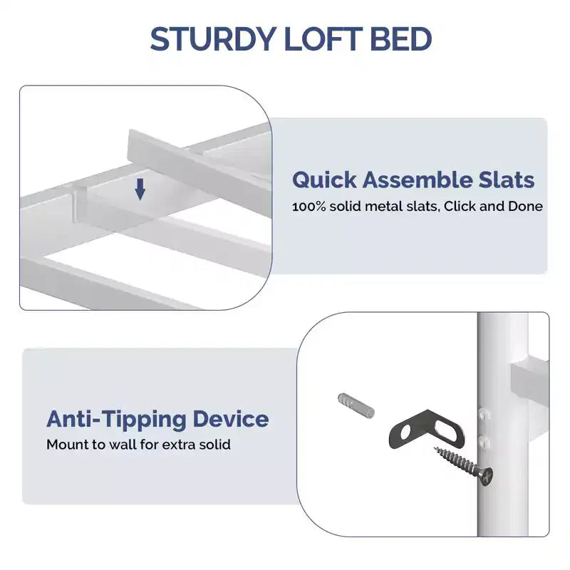 Letto a soppalco singolo con scrivania, 7 cassetti e luce LED