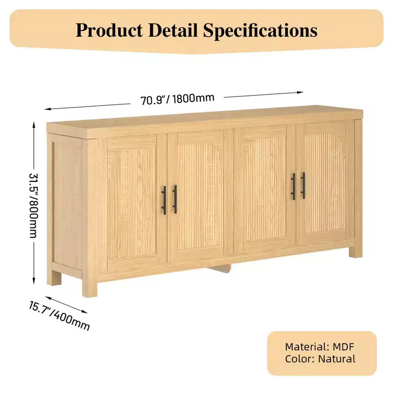 Credenza da buffet con ante ad arco scanalate e ripiani regolabili, 180 cm