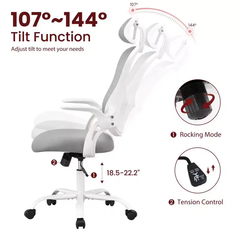 Sedia da Ufficio Ergonomica con Schienale Alto in Rete con Poggiatesta Regolabile e Braccioli Ribaltabili
