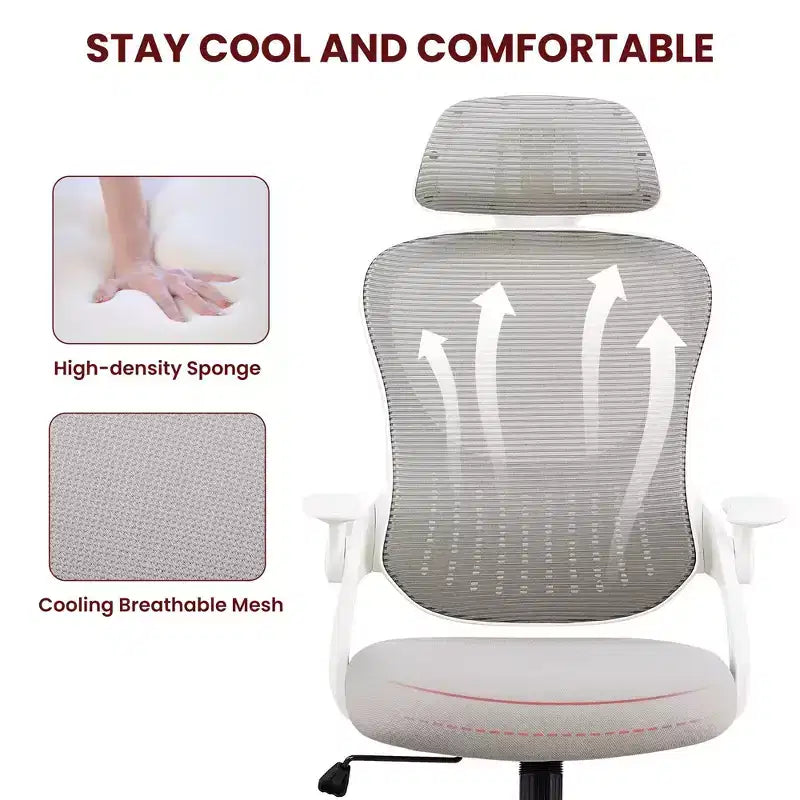 Sedia da Ufficio Ergonomica con Schienale Alto in Rete con Poggiatesta Regolabile e Braccioli Ribaltabili