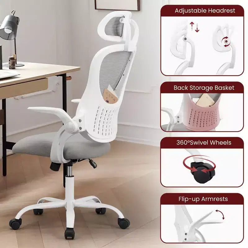 Sedia da Ufficio Ergonomica con Schienale Alto in Rete con Poggiatesta Regolabile e Braccioli Ribaltabili