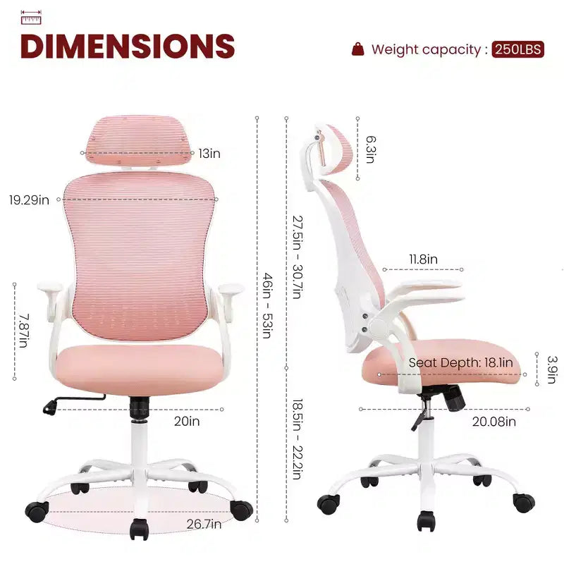 Sedia da Ufficio Ergonomica con Schienale Alto in Rete con Poggiatesta Regolabile e Braccioli Ribaltabili